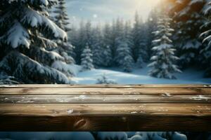 AI generated Empty Winter wood plank board Table With Snowfall AI Generated photo