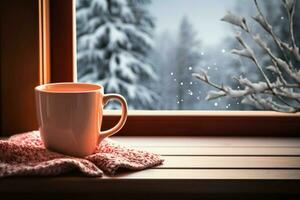 AI generated cup of tea or coffee mug on table near window Winter holidays AI Generated photo
