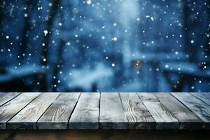 AI generated Empty Winter wood plank board Table With Snowfall AI Generated photo