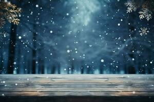 AI generated Empty Winter wood plank board Table With Snowfall AI Generated photo
