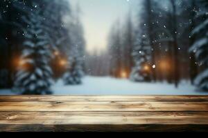 AI generated Empty Winter wood plank board Table With Snowfall AI Generated photo