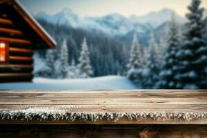 AI generated Empty Winter wood plank board Table With Snowfall AI Generated photo