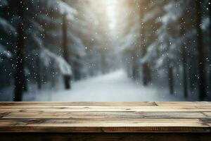 AI generated Empty Winter wood plank board Table With Snowfall AI Generated photo