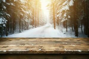 AI generated Empty Winter wood plank board Table With Snowfall AI Generated photo