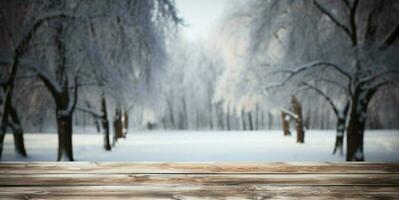 AI generated Empty Winter wood plank board Table With Snowfall AI Generated photo