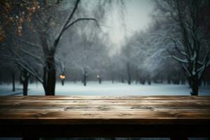 AI generated Empty Winter wood plank board Table With Snowfall AI Generated photo