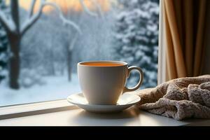 ai generado taza de té o café jarra en mesa cerca ventana invierno Días festivos ai generado foto