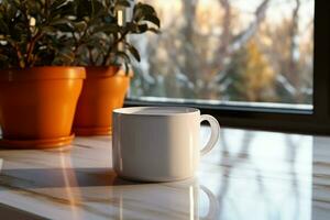 ai generado taza de té o café jarra en mesa cerca ventana invierno Días festivos ai generado foto