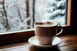 ai generado taza de té o café jarra en mesa cerca ventana invierno Días festivos ai generado foto