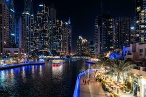 Dubai, United Arab Emirates - March 12, 2023-View of Dubai skyscrapers while walking at Dubai Marina during a night. photo