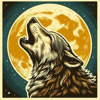 AI generated illustration of howling wolf and full moon moonlight. vintage emblem style. photo