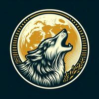 AI generated illustration of howling wolf and full moon moonlight. vintage emblem style. photo