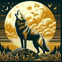 AI generated illustration of howling wolf and full moon moonlight. vintage emblem style. photo