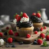 AI generated Cupcakes with black frosting and berries on top photo