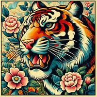 AI generated illustration of colorful tiger. vintage emblem style. photo