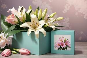 AI generated Gift box with a bouquet of white lilies. Greeting card for birthday, March 8 or Mother's Day photo