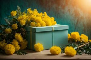 AI generated Gift box with a bouquet of mimosa. Vintage greeting card for International Women's Day, Mother's Day, Valentine's Day, Birthday photo