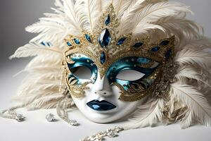 AI generated A chic carnival mask decorated with white feathers. Venetian carnival mask photo