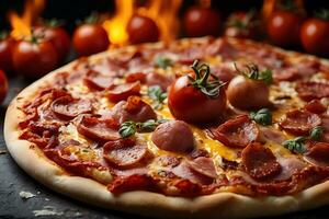 AI generated Hot big pepperoni pizza with melting cheese, bacon, tomatoes, ham and paprika. Italian cuisine photo