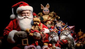 AI generated Santa Claus with vintage retro toys on background with copy space photo