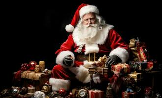 AI generated Santa Claus with vintage retro toys on background with copy space photo