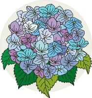 ilustración ramo de flores de el Hortensia flor con hojas en crema color circulo antecedentes. vector