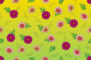 Illustration of cosmos flower with leaf on yellow and green gradient color. vector