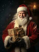 AI generated Happy Santa holding a box full of gifts photo