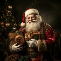 AI generated Happy Santa holding a box full of gifts photo