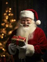 AI generated Happy Santa holding a box full of gifts photo