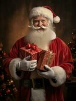 ai generado contento Papa Noel participación un caja lleno de regalos foto