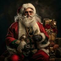 AI generated Happy Santa holding a box full of gifts photo