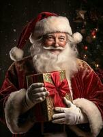 AI generated Happy Santa holding a box full of gifts photo