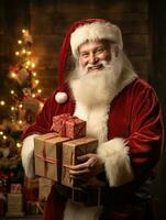 AI generated Happy Santa holding a box full of gifts photo