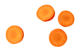 Top view of fresh beautiful orange or yellow carrot slices isolated with clipping path in png file format