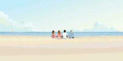 Group of friends sitting on field at coastal and tropical blue sea in autumn season vector illustration. Friendship's travelling concept flat design.