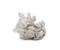 Single screwed or crumpled tissue paper or napkin in strange shape after use in toilet or restroom isolated with clipping path and shadow in png file format