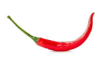 Single fresh red chili pepper isolated on white background with clipping path. Front view and flat lay of curved red chili photo