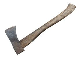 Old rust dirty dark gray axe with brown wooden handle isolated on white background with clipping path photo