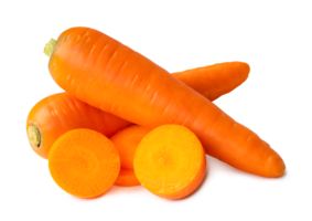 Two fresh orange carrots with slices in stack isolated with clipping path and shadow in png file format Close up of healthy vegetable root