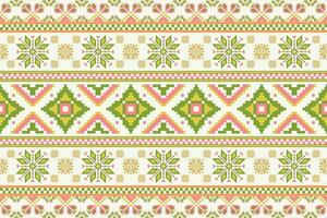 Ethnic geometric floral colorful pattern. Geometric floral shape seamless pattern embroidery pixel art style. Ethnic geometric pattern use for textile, home decoration elements, upholstery, etc vector