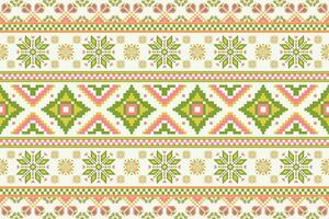 Ethnic geometric floral colorful pattern. Geometric floral shape seamless pattern embroidery pixel art style. Ethnic geometric pattern use for textile, home decoration elements, upholstery, etc vector