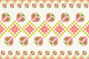 Ethnic floral colorful embroidery border pattern. Geometric floral shape seamless pattern pixel art style. Ethnic geometric stitch pattern use for textile border, table runner, tablecloth, etc. vector