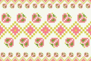 Ethnic floral colorful embroidery border pattern. Geometric floral shape seamless pattern pixel art style. Ethnic geometric stitch pattern use for textile border, table runner, tablecloth, etc. vector