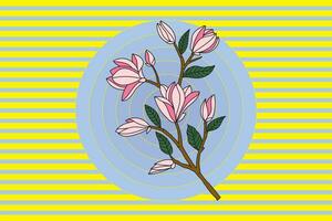 Illustration of Verbanica Saucer Magnolia flower are blooming on blue circle on yellow line background. vector