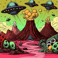 Trippy and psychedelic artwork of desert landscape from area 51. Surreal illustration of an alien and UFO invasion with cactuses, mountains and volcano. vector