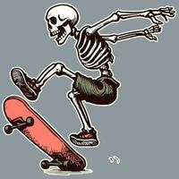 Drawing of a skateboarding  skeleton on a skateboard doing tricks. Cartoon character practicing extreme sports vector