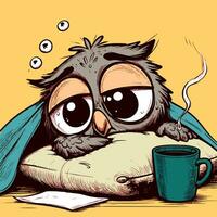 Vector of a cartoon owl laying on a pillow under the blanket with a hot morning coffee cup in front of it. Drawing of a sleepy bird waking up on a monday