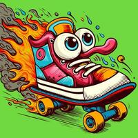 Vector of a colorful cartoon sneaker with eyes being in fire and leaving smoke behind. Illustration of a cool shoe on a skateboard with flames