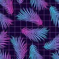 90's 80's Seamless pattern with palm leaves on grid. Wallpaper retro graphic in synthwave style. Gradient, vivid elements for scifi graphic. Vintage design for night club and bar. Miami vibes. vector